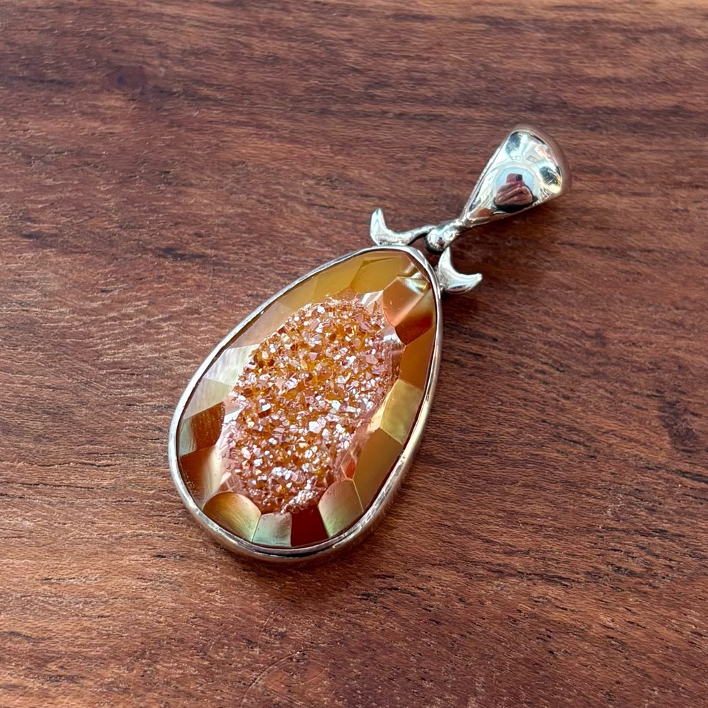 Sterling Silver Orange Peach Druzy Quartz Pendant
